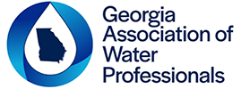 Georgia Association of Water Professionals logo with a blue water droplet containing the Georgia silhouette inside a circular shape.